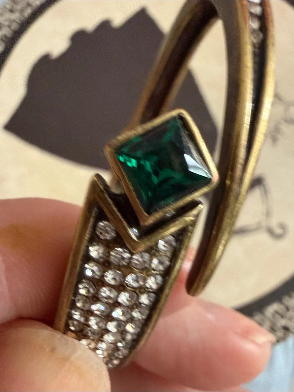 Vintage RG JM Gold Tone Bangle with Emerald Green Stone and many clear stones